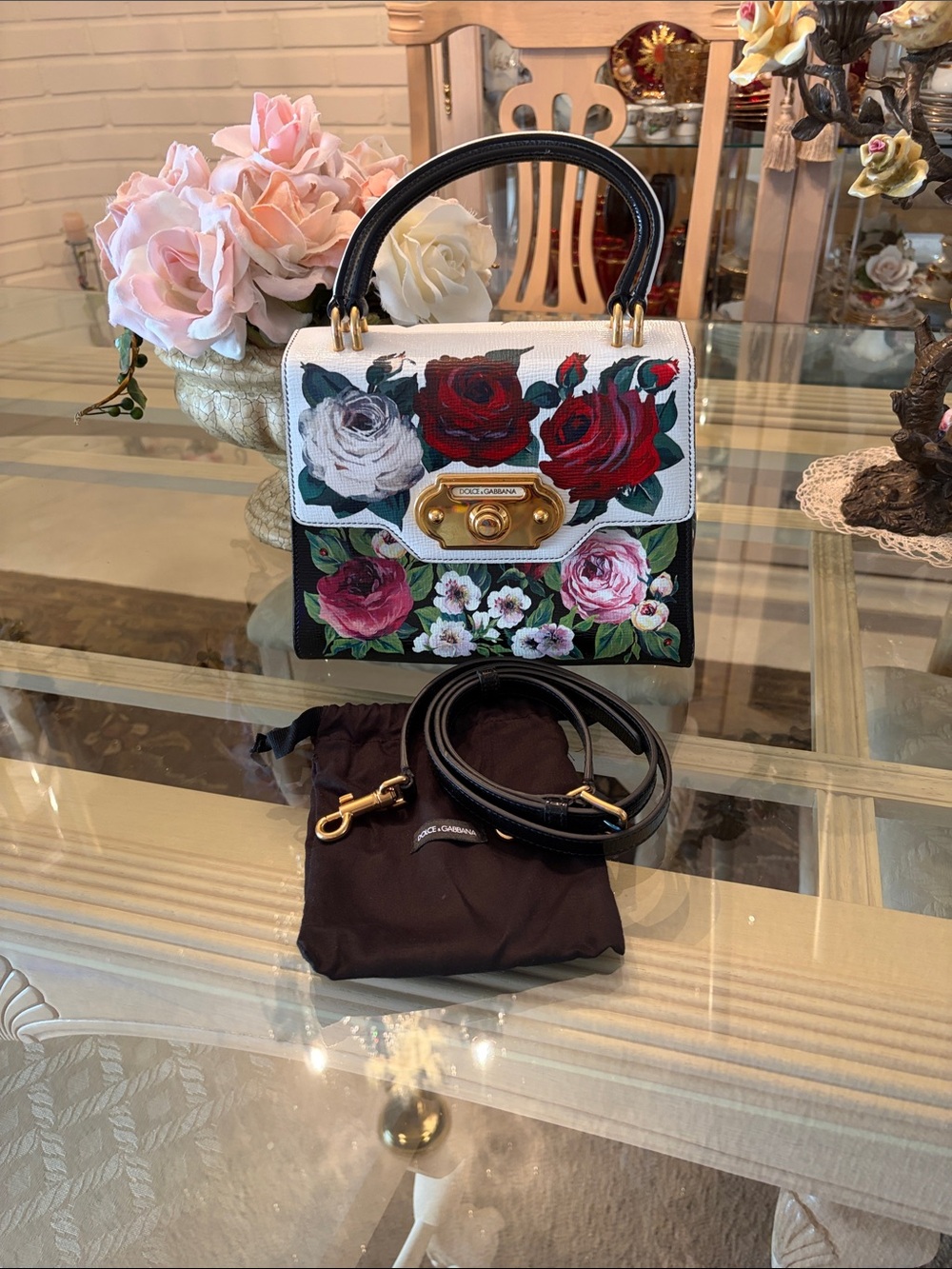 Dolce & Gabbana Floral Top-Handle Satchel in White, Black, Red and Pink